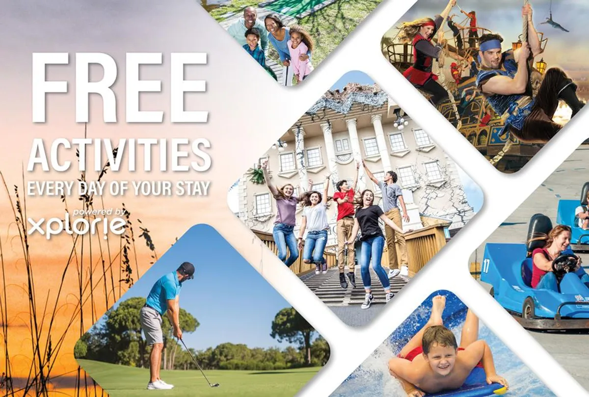 A lively collage-style interior image showing families actively enjoying a variety of activities, including golfing, water sports, amusement rides, and themed attractions. The joyful atmosphere highlights the fun and excitement available to guests both within and outside the property.